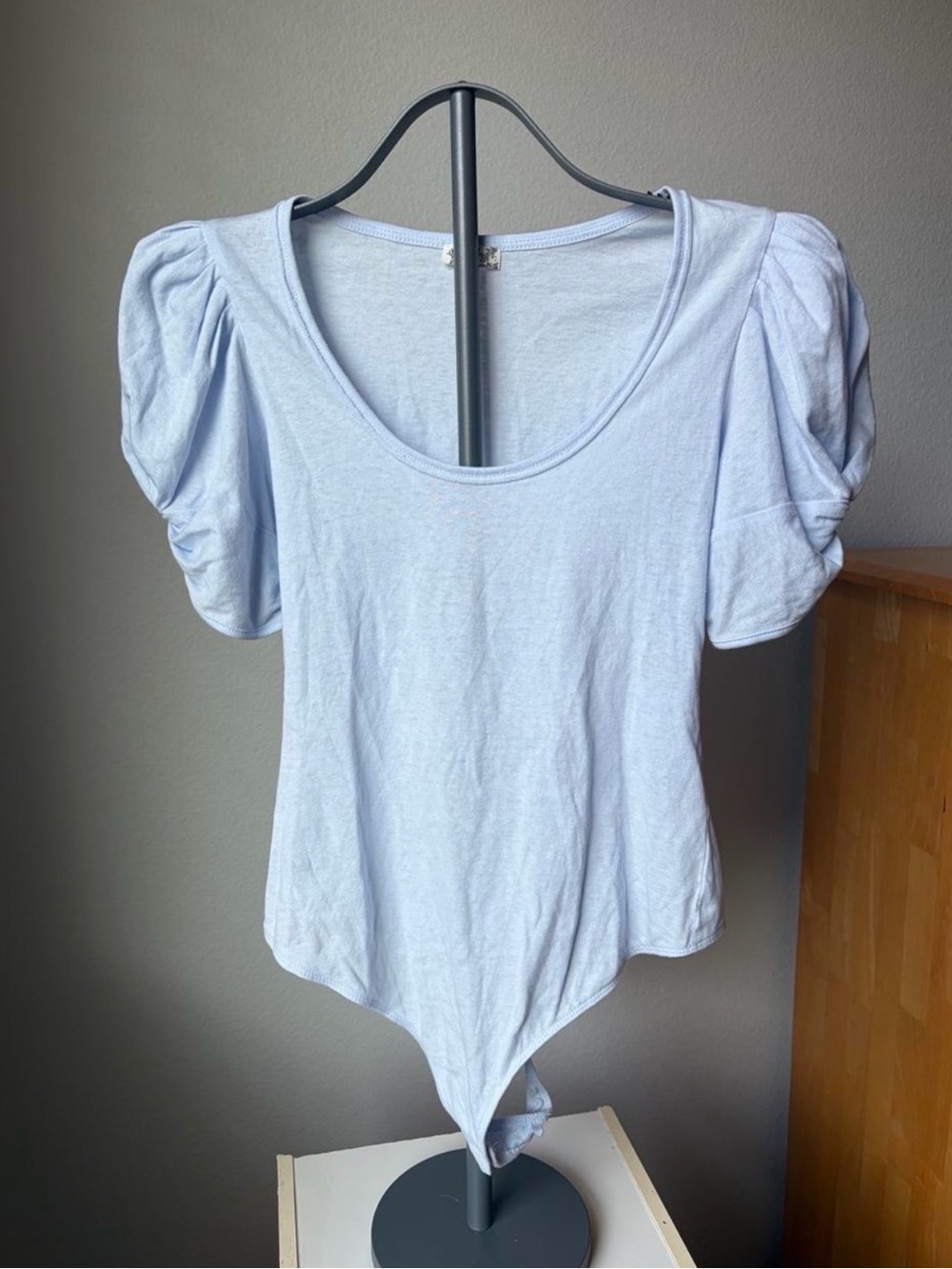 Free People Light Blue Puff Sleeve Scoop Neck Bodysuit